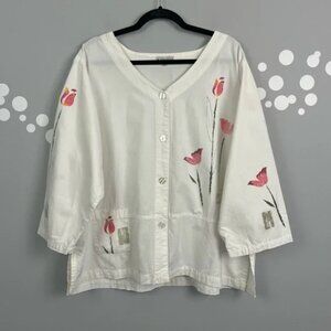 Kaktus White Floral Button Front Cotton Top Size 2X